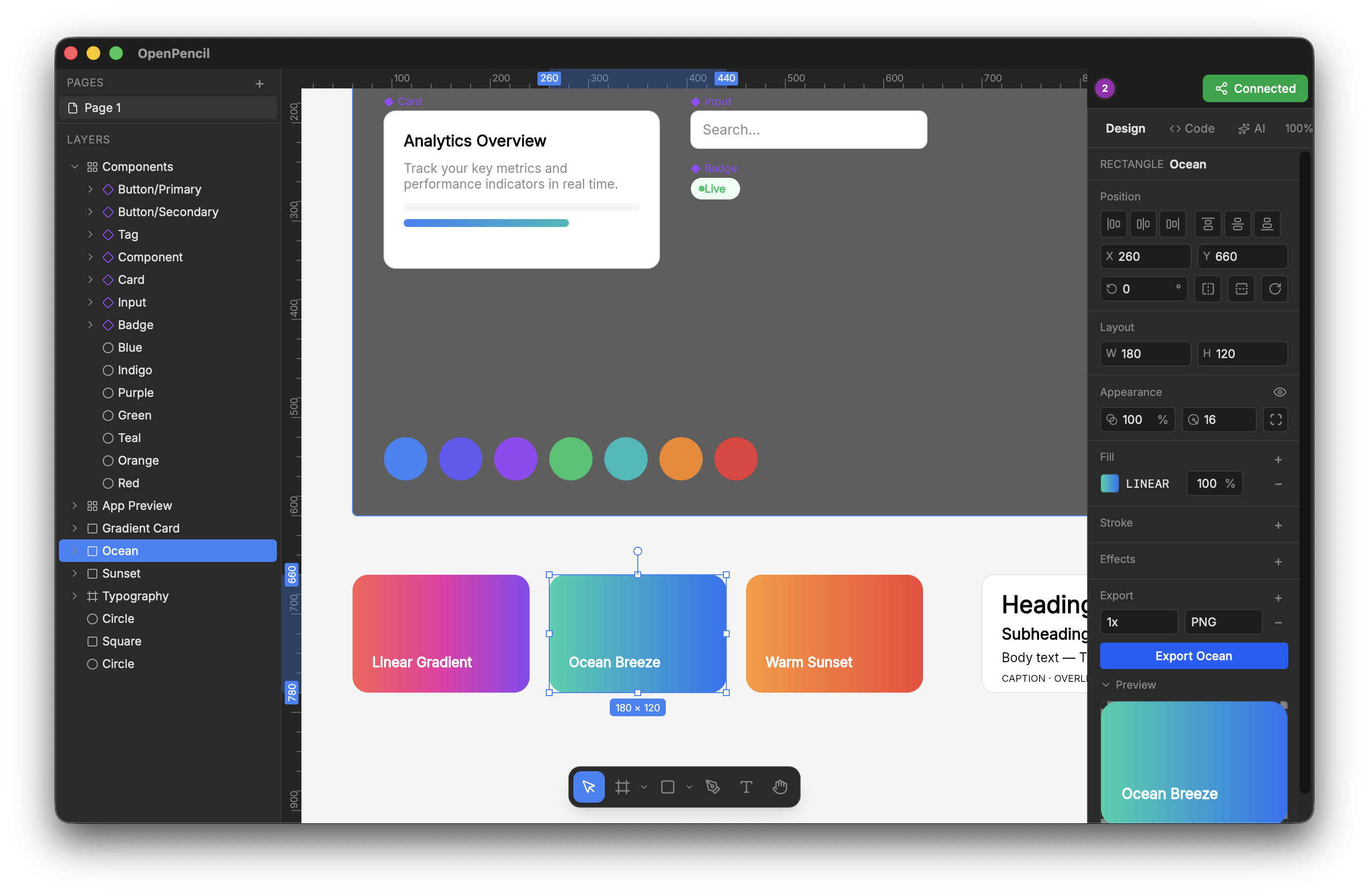 OpenPencil editor with a Material 3 design file open